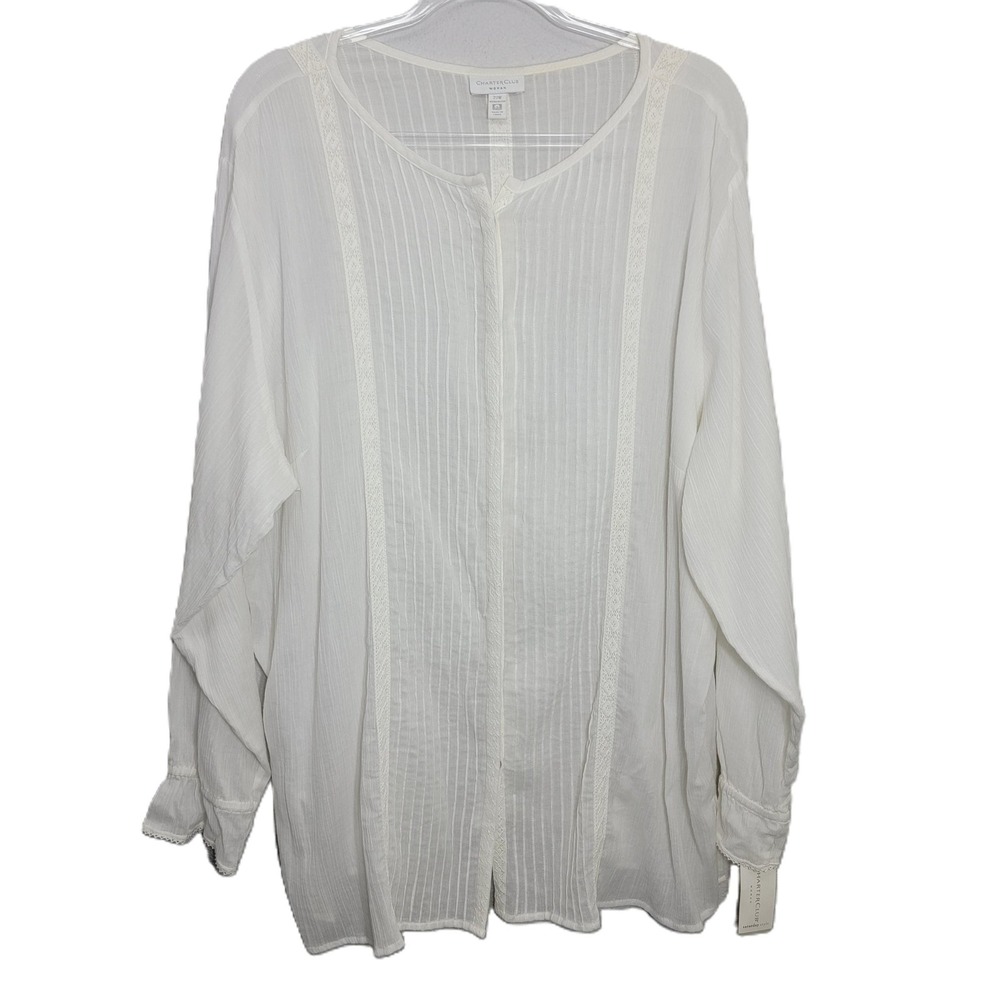 Charter Club Woman 22W White Cotton Pintuck Lace Casablanca II Blouse NWT